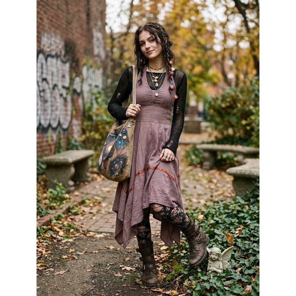 L Pogee One Size Small Whimsigoth Fairy Grunge Tieback Smocked Cotton Dress